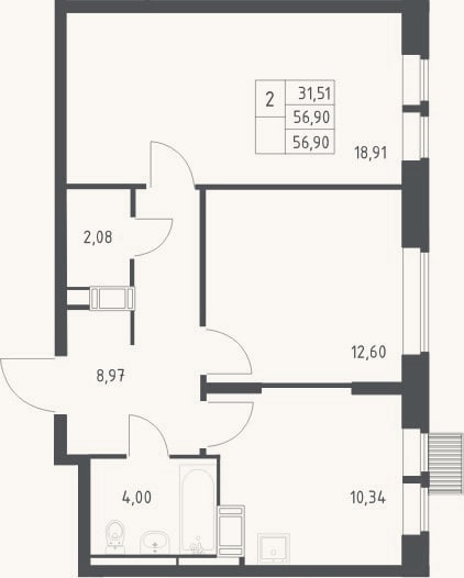 Планировка: 2-к, 56,9 м²