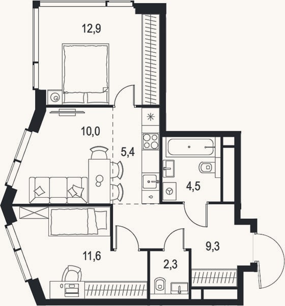 Планировка: 3-к, 56 м²