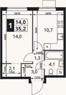 Планировка: 1-к, 35,2 м²