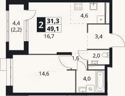 Планировка: 2-к, 46,9 м²
