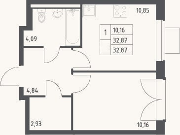 Планировка: 1-к, 32,9 м²