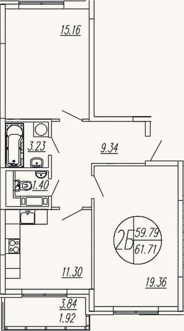 Планировка: 2-к, 59,8 м²