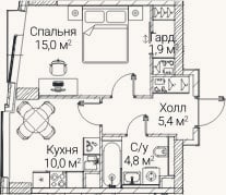 Планировка: 1-к, 36,6 м²