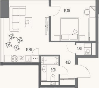 Планировка: 1-к, 42,6 м²