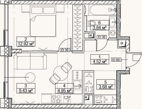Планировка: 2-к, 39,3 м²