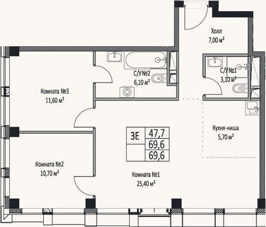 Планировка: 3-к, 69,6 м²