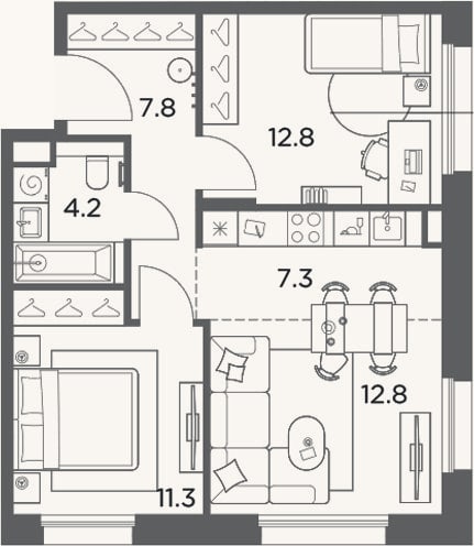 Планировка: 3-к, 56,2 м²