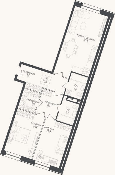 Планировка: 3-к, 83,1 м²