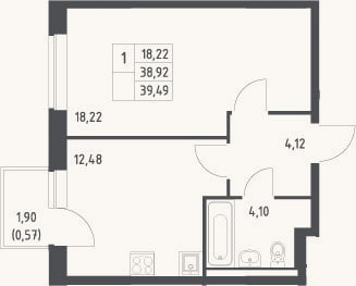Планировка: 1-к, 38,9 м²