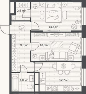 Планировка: 2-к, 57,1 м²