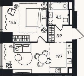 Планировка: 2-к, 43,5 м²
