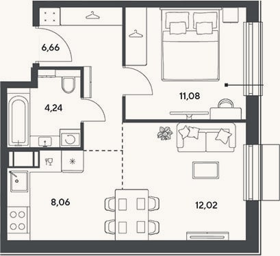 Планировка: 2-к, 42,1 м²
