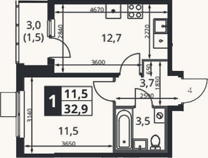 Планировка: 1-к, 31,4 м²