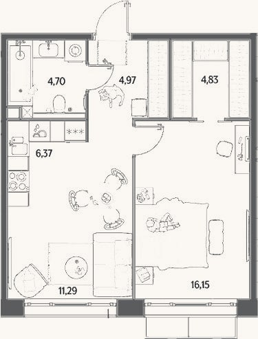 Планировка: 2-к, 48,3 м²