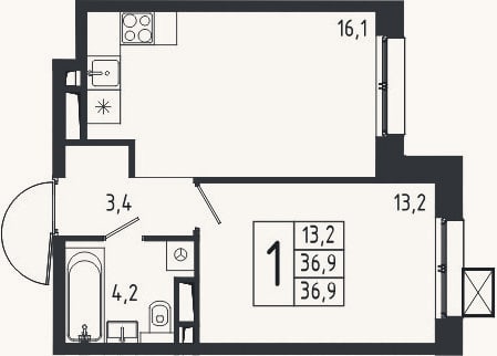 Планировка: 1-к, 36,9 м²
