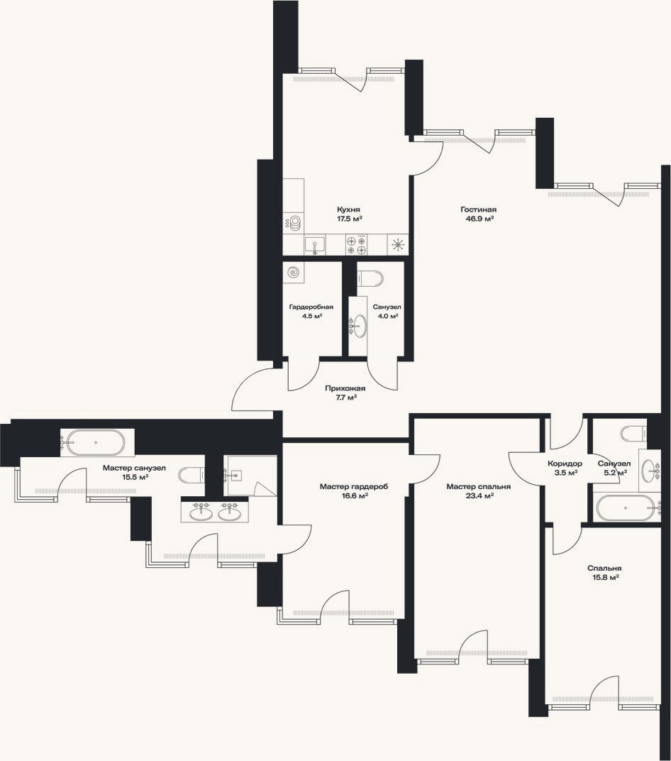 Планировка: 4+ к, 154,3 м²