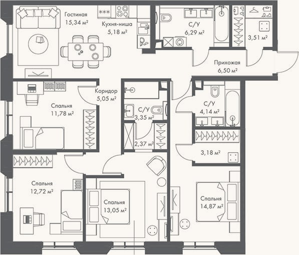 Планировка: 4+ к, 107,3 м²