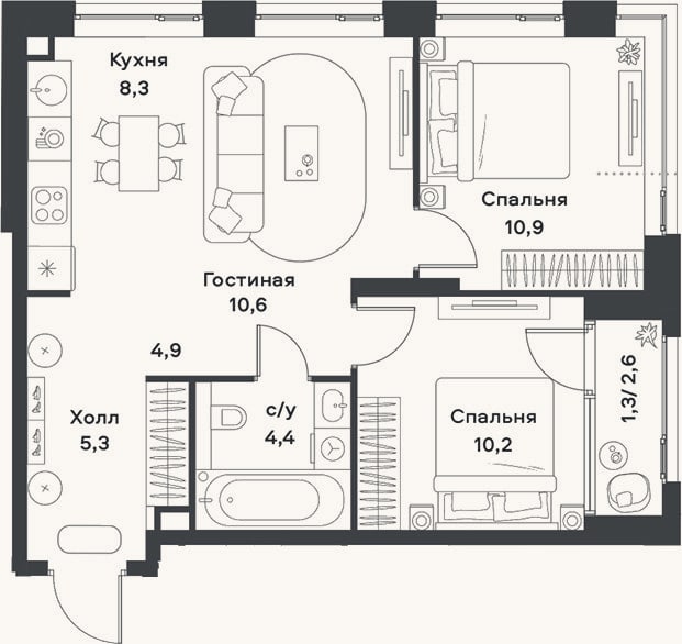 Планировка: 3-к, 54,6 м²