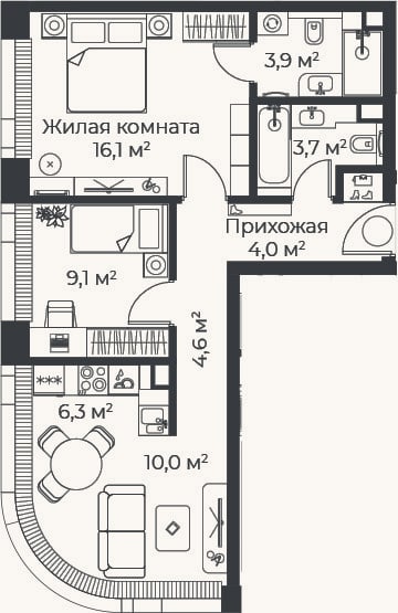 Планировка: 3-к, 57,6 м²