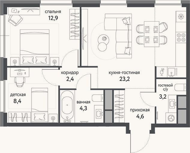 Планировка: 3-к, 59 м²