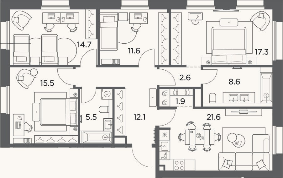 Планировка: 4+ к, 111,4 м²