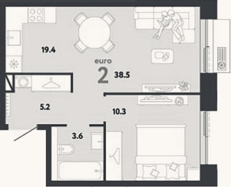 Планировка: 2-к, 38,5 м²