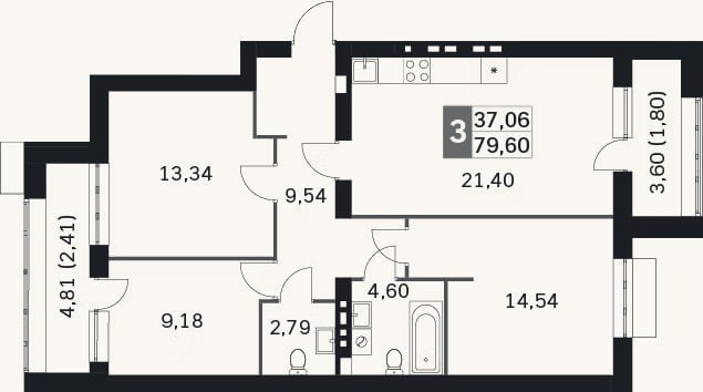 Планировка: 4+ к, 75,4 м²