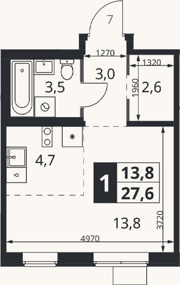 Планировка: Студия, 27,6 м²