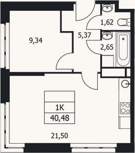 Планировка: 1-к, 40,5 м²