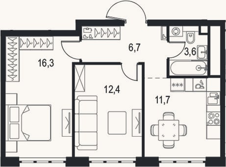 Планировка: 2-к, 50,7 м²