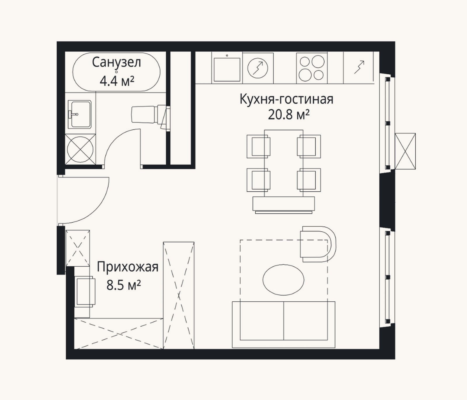 Планировка: Студия, 33,7 м²