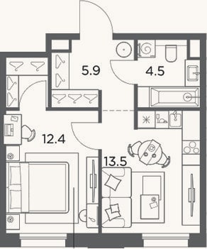 Планировка: 1-к, 38,7 м²