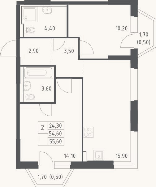Планировка: 3-к, 54,6 м²