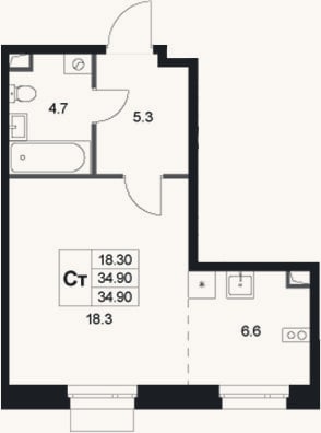 Планировка: Студия, 34,9 м²