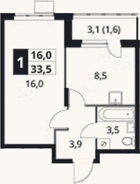 Планировка: 1-к, 31,9 м²