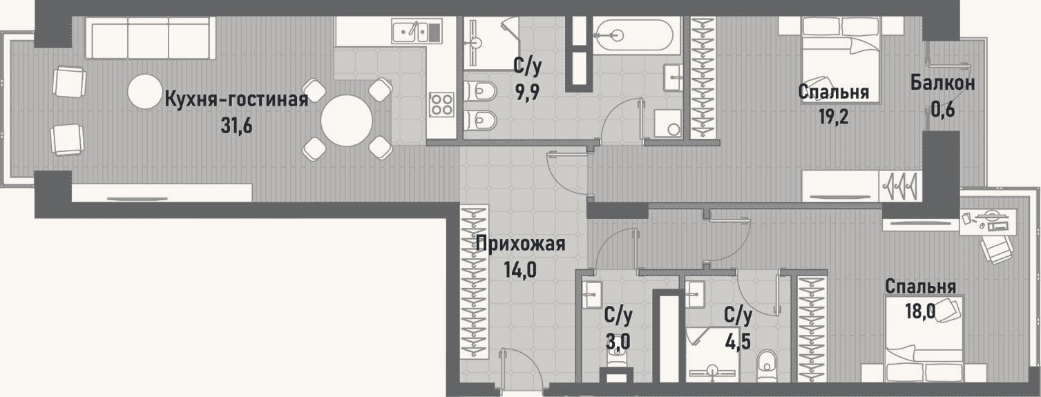 Планировка: 3-к, 100 м²