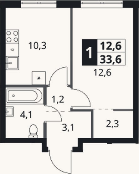 Планировка: 1-к, 33,6 м²