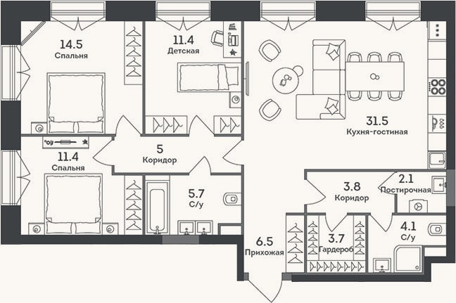 Планировка: 4+ к, 99,7 м²
