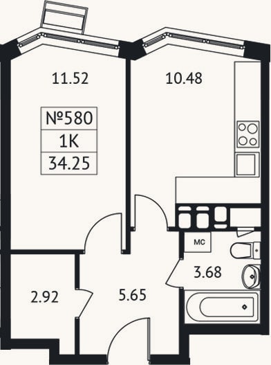 Планировка: 1-к, 34,3 м²