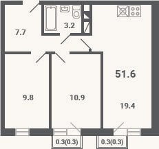 Планировка: 3-к, 51 м²
