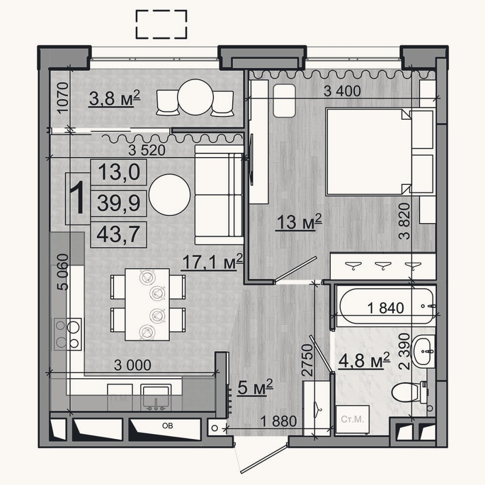 Планировка: 2-к, 39,9 м²