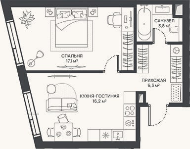 Планировка: 2-к, 43,4 м²