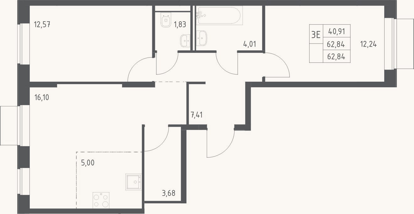 Планировка: 3-к, 62,8 м²
