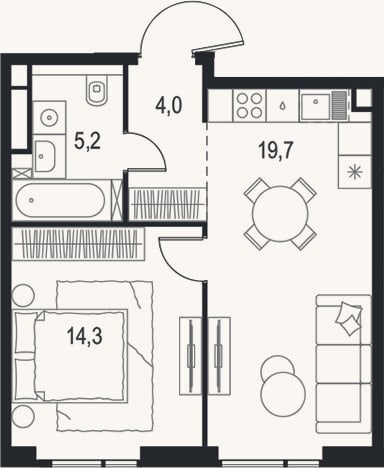 Планировка: 2-к, 43,2 м²