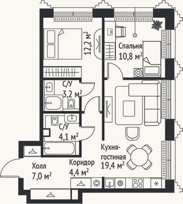 Планировка: 3-к, 61,1 м²