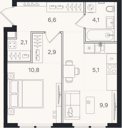 Планировка: 1-к, 41,5 м²
