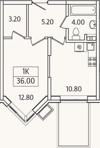 Планировка: 1-к, 36 м²