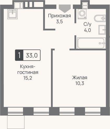 Планировка: 2-к, 33 м²