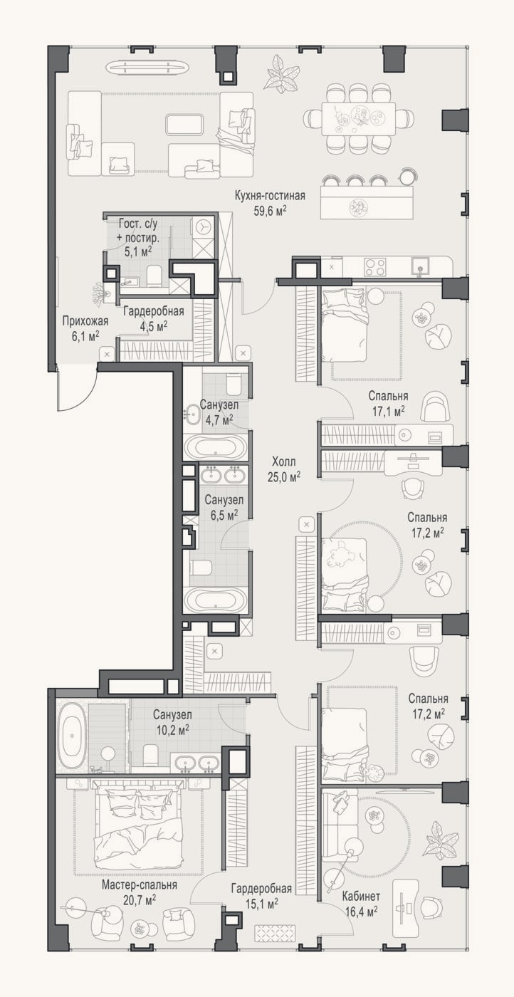 Планировка: 4+ к, 224,9 м²