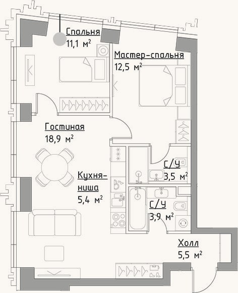 Планировка: 3-к, 60,8 м²